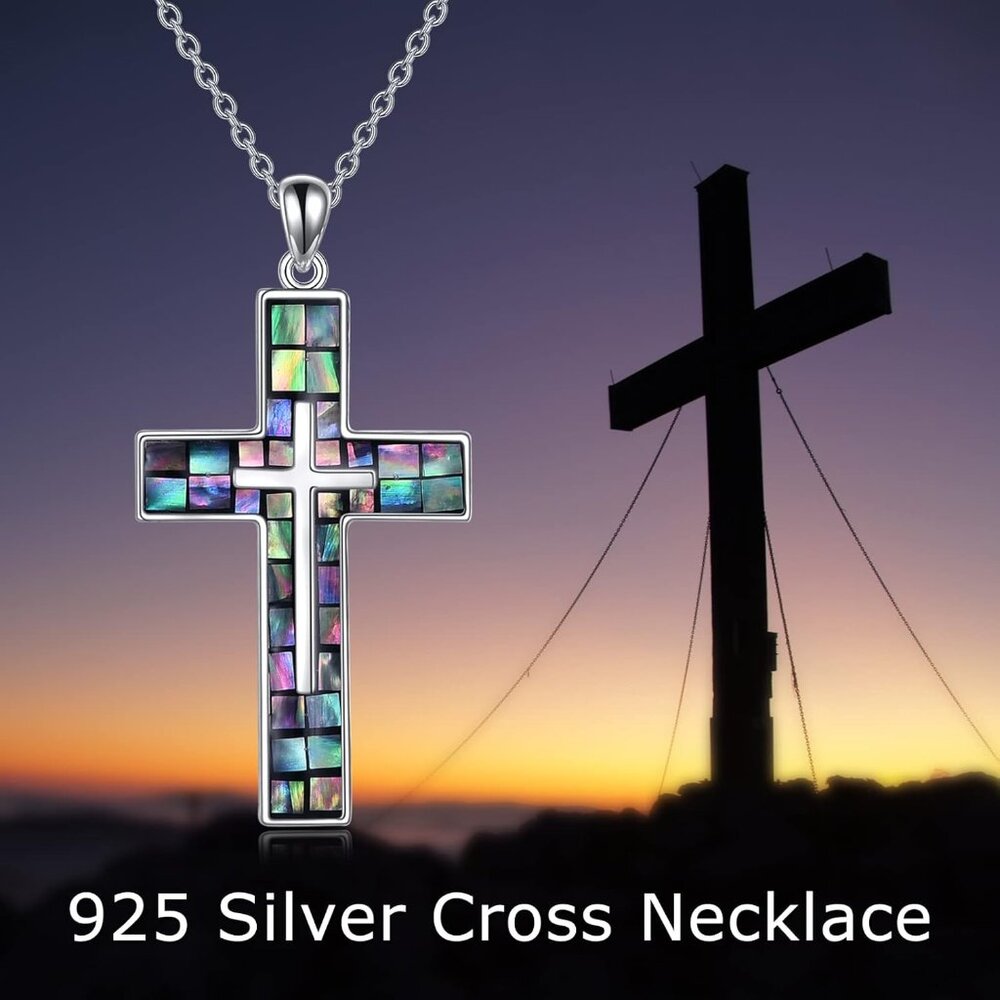 Sterling Silver Abalone Shell Cross Necklace, Ele… - image 6